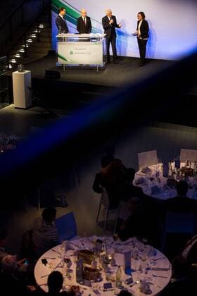 GER, Verleihung Integrationspreis 14.03.2016, Dortmund, Deutsches Fussball Museum, Verleihung des Integrationspreises, im Bild Oliver Bierhoff (Manager Nationalmannschaft), Dirk Jakobs (Daimler AG) auf der Bühne nphxRauch