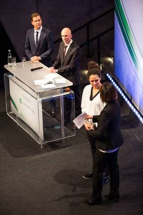 GER, Verleihung Integrationspreis 14.03.2016, Dortmund, Deutsches Fussball Museum, Verleihung des Integrationspreises, im Bild Oliver Bierhoff (Manager Nationalmannschaft), Dirk Jakobs (Daimler AG) Celia Sasic ( DFB-Integrationsbotschafterin) nphxRauch