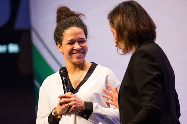 GER, Verleihung Integrationspreis 14.03.2016, Dortmund, Deutsches Fussball Museum, Verleihung des Integrationspreises, im Bild Celia Sasic ( DFB-Integrationsbotschafterin) im Gespräch auf der Bühne nphxRauch