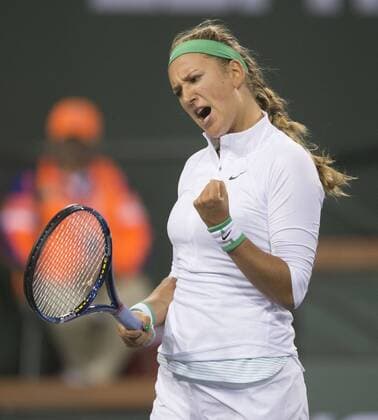 Victoria Azarenka of Belarus celebrates during the women s singles 3rd round match against Zhang Shuai of China at the BNP Paribas Open in Indian Wells, California, the United States on March 14, 2016.Yang Lei) (SP)US-INDIAN WELLS-TENNIS-BNP PARIBAS OPEN YangxLeixc 