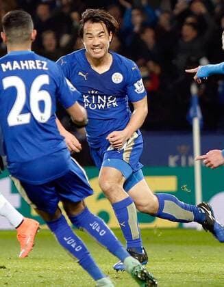 Leicester s Okazaki scores with overhead kick Shinji Okazaki of Leicester City celebrates after scoring in the first half of a Premier League game against Newcastle United at King Power Stadium in Leicester on March 14, 2016. Leicester won 1-0. 