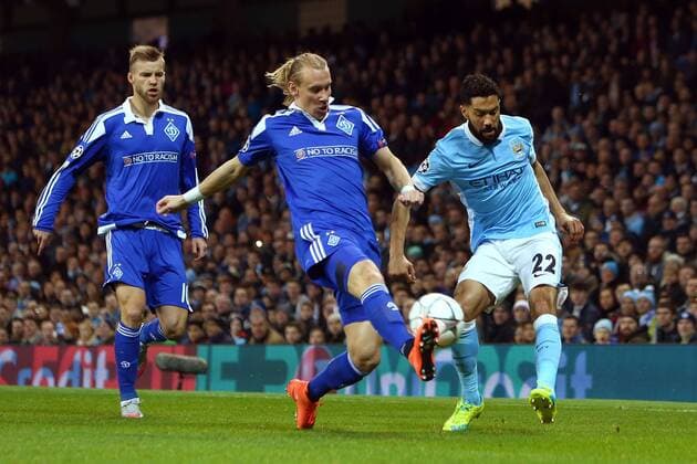 Gael Clichy of Manchester City crosses past Kiev s Domagoj Vida during the UEFA Champions League match at the Etihad Stadium. Photo credit should read: Philip Oldham Sportimage EDITORIAL USE ONLY. No use with unauthorised audio, video, data, fixture lists, club league logos or live services. Online in-match use limited to 120 images, no video emulation. No use in betting, games or single club league player publications.
