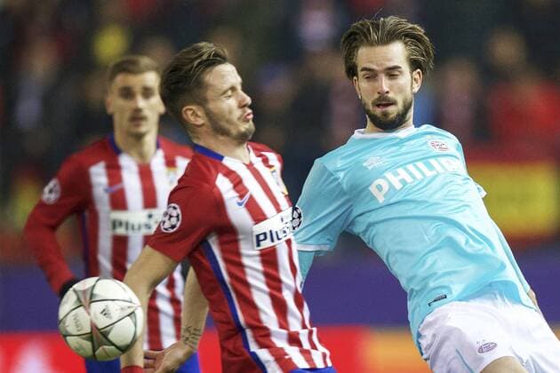 (L-R) Antoine Griezmann of Club Atletico de Madrid, Saul Niguez of Club Atletico de Madrid, Davy Propper of PSV during the UEFA Champions League Round of 16, Second leg match between Atletico madrid and PSV Eindhoven on March 15, 2016 at the Estadio Vicente Calder& 243;n in Madrid, Spain. Atletico Madrid v PSV Eindhoven UEFA Champions League 2015 2016 xVIxxIVx 5162694