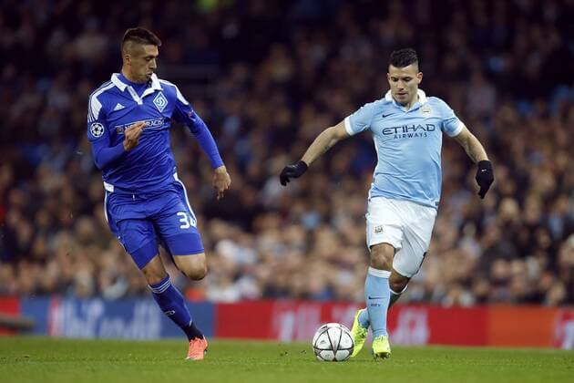 Kiev s Yevhen Khacheridi and Sergio Aguero Kun of Manchester City during the UEFA Champions League match at the Etihad Stadium. Photo credit should read: Philip Oldham Sportimage EDITORIAL USE ONLY. No use with unauthorised audio, video, data, fixture lists, club league logos or live services. Online in-match use limited to 120 images, no video emulation. No use in betting, games or single club league player publications.