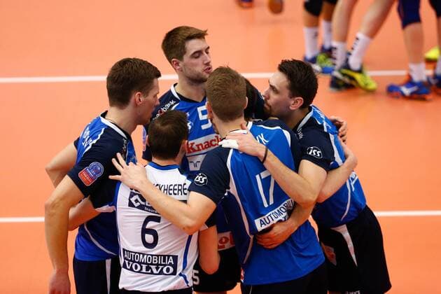 Roeselare s players celebrate after scoring during the first leg volleyball game between Belgian team Roeselare and German team Berlin during the semi finals of the CEV European Volleyball competition, Tuesday 15 March 2016, in Roeselare. KURTxDESPLENTER  x04812011x