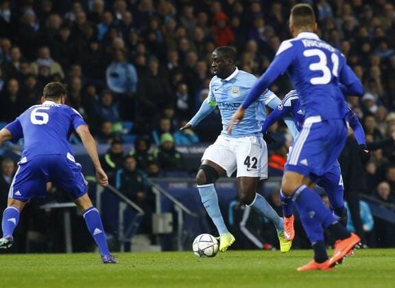 15.03.2016. Etihad Stadium, Manchester, England. Champions League. Manchester City versus Dynamo Kiev. Manchester City midfielder Yaya Tour& xe9; runs at the Dynamo Kiev midfield. xAlanxMartinx  ActionPlus11718411