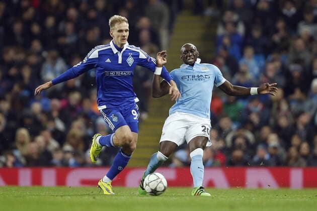 Kiev s Lukasz Teodorczyk and Eliaquim Mangala of Manchester City during the UEFA Champions League match at the Etihad Stadium. Photo credit should read: Philip Oldham Sportimage EDITORIAL USE ONLY. No use with unauthorised audio, video, data, fixture lists, club league logos or live services. Online in-match use limited to 120 images, no video emulation. No use in betting, games or single club league player publications.