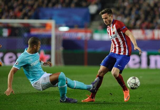 Atletico de Madrid Midfielder, Saul Niguez Esclapez, number 17 . PSV Eindhoven Defender, Jeffrey Bruma, number 5. Round Round of 16 2nd of the CHAMPIONS league, soccer match between Atletico de Madrid - PSV Eindhoven at the Vicente Calderon estadium, Madrid - Spain by March 15, 2016. PHOTO: Gregorio Lopez.  xGregorioxLopezx x SOCCERxSPAINx