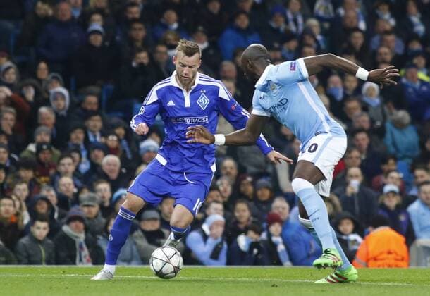 15.03.2016. Etihad Stadium, Manchester, England. Champions League. Manchester City versus Dynamo Kiev. Dynamo Kiev striker Andriy Yarmolenko takes on Manchester City defender Eliaquim Mangala. xAlanxMartinx  ActionPlus11718442