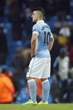 Sergio Aguero Kun of Manchester City looks disappointed with his sides performance at full time during the UEFA Champions League match at the Etihad Stadium. - PhilipxOldham Sportimage EDITORIAL USE ONLY. No use with unauthorised audio, video, data, fixture lists, club league logos or live services. Online in-match use limited to 120 images, no video emulation. No use in betting, games or single club league player publications.