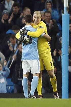 Joe Hart of Manchester City celebrates qualifying for the next round during the UEFA Champions League match at the Etihad Stadium. - PhilipxOldham Sportimage EDITORIAL USE ONLY. No use with unauthorised audio, video, data, fixture lists, club league logos or live services. Online in-match use limited to 120 images, no video emulation. No use in betting, games or single club league player publications.