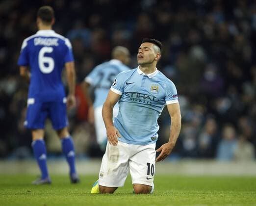 Sergio Aguero Kun of Manchester City dejected during the UEFA Champions League match at the Etihad Stadium. - PhilipxOldham Sportimage EDITORIAL USE ONLY. No use with unauthorised audio, video, data, fixture lists, club league logos or live services. Online in-match use limited to 120 images, no video emulation. No use in betting, games or single club league player publications.
