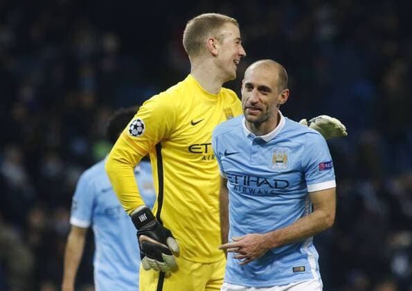 15.03.2016. Etihad Stadium, Manchester, England. Champions League. Manchester City versus Dynamo Kiev. Manchester City keeper Joe Hart and Manchester City defender Pablo Zabaleta celebrate at the final whistle as City go through to the quarter finals for the first time. xAlanxMartinx  ActionPlus11718457