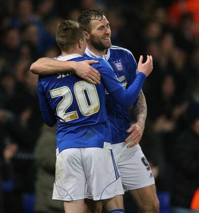 15.03.2016. Portman Road, Ipswich, England. Skybet Championship. Ipswich Town versus Blackburn Rovers. Ipswich Town forward Freddie Sears (20) and Ipswich Town forward Daryl Murphy (9) celebrate goal making the score to 2-0 xLe-JhelxWilliamsx  ActionPlus11718481