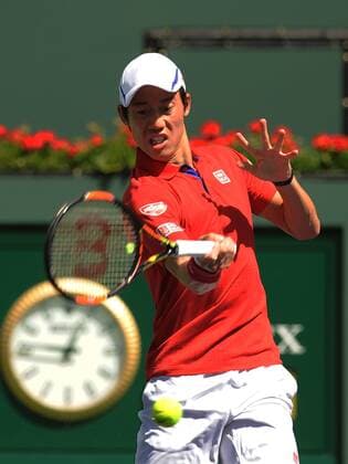 March 15, 2016: Kei Nishikori (JPN) in action during his singles match against Steve Johnson (USA) at the BNP Paribas Open played at the Indian Wells Tennis Garden, Indian Wells, CA (Photo by Cynthia Lum Icon Sportswire) TENNIS: MAR 15 BNP Paribas Open Icon250031516629 EDITORIAL USE ONLY