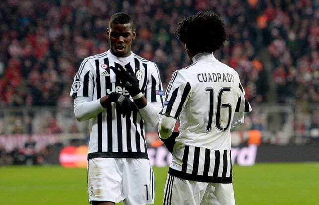 16.03.2016, xjhx, Fussball Champions League, FC Bayern Muenchen - Juventus Turin, emspor, v.l. Paul Pogba (Juventus Turin), Juan Cuadrado (Juventus Turin) Torjubel, Goal celebration, celebrate the goal zum 0:2