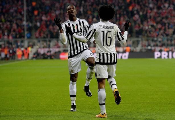 16.03.2016, xjhx, Fussball Champions League, FC Bayern Muenchen - Juventus Turin, emspor, v.l. Paul Pogba (Juventus Turin), Juan Cuadrado (Juventus Turin) Torjubel, Goal celebration, celebrate the goal zum 0:2