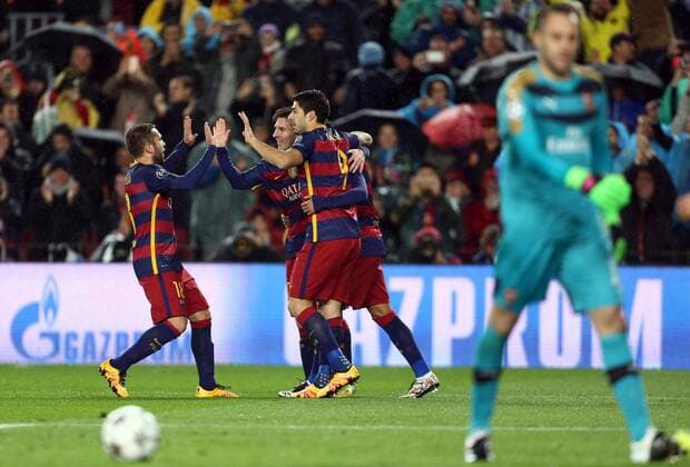 FC Barcelona Barca players celebrate Neymar s goal before Arsenal FC during a Champions League round 16 match held at Camp Nou stadium in Barcelona, Catalonia, Spain, 16 March 2016. BARCELONA VS ARSENAL !ACHTUNG: NUR REDAKTIONELLE NUTZUNG!  BAR007 20160316-635937617301128200
