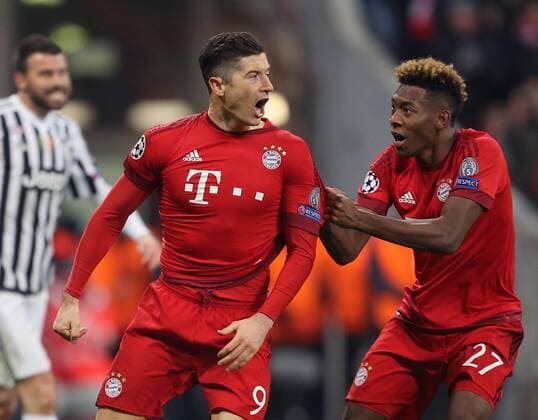 SOCCER - CL, Bayern vs Juventus MUNICH,GERMANY,16.MAR.16 - SOCCER - UEFA Champions League, Round of 16, FC Bayern Muenchen vs Juventus Turin. Image shows the rejoicing of Robert Lewandowski and David Alaba (Bayern). GEPAxpictures xThomasxBachun