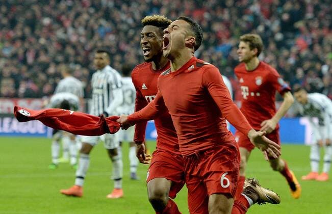 16.03.2016, xjhx, Fussball Champions League, FC Bayern Muenchen - Juventus Turin, emspor, v.l. Kingsley Coman (FC Bayern Muenchen), Thiago Alcantara (FC Bayern Muenchen) Torjubel, Goal celebration, celebrate the goal zum 3:2