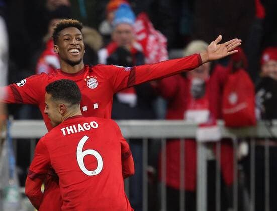 SOCCER - CL, Bayern vs Juventus MUNICH,GERMANY,16.MAR.16 - SOCCER - UEFA Champions League, Round of 16, FC Bayern Muenchen vs Juventus Turin. Image shows the rejoicing of Thiago Alcantara and Kingsley Coman (Bayern). GEPAxpictures xThomasxBachun
