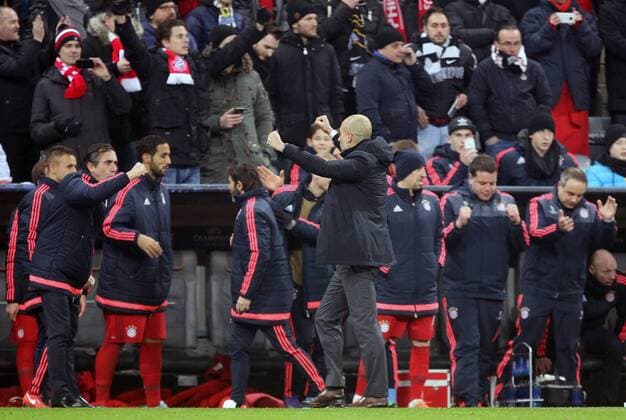 SOCCER - CL, Bayern vs Juventus MUNICH,GERMANY,16.MAR.16 - SOCCER - UEFA Champions League, Round of 16, FC Bayern Muenchen vs Juventus Turin. Image shows the rejoicing of head coach Josep Guardiola (Bayern) and FC Bayern Muenchen. GEPAxpictures xThomasxBachun