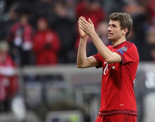 SOCCER - CL, Bayern vs Juventus MUNICH,GERMANY,16.MAR.16 - SOCCER - UEFA Champions League, Round of 16, FC Bayern Muenchen vs Juventus Turin. Image shows the rejoicing of Thomas Mueller (Bayern). GEPAxpictures xThomasxBachun