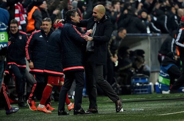 16.03.2016, xjhx, Fussball Champions League, FC Bayern Muenchen - Juventus Turin, emspor, v.l. Josep Pep Guardiola (Trainer FC Bayern Muenchen) jubeln jubelt nach Spielende.