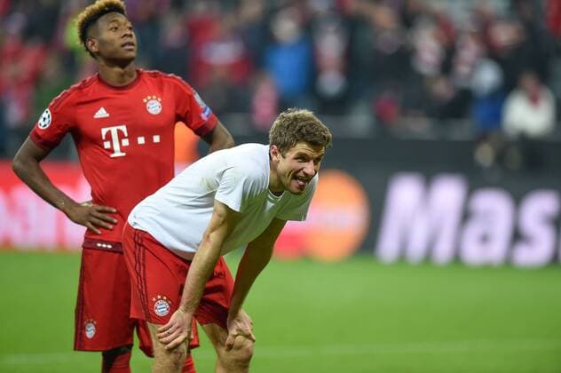 FUSSBALL CHAMPIONS LEAGUE SAISON 2015 2016 ACHTELFINALE RUECKSPIEL FC Bayern Muenchen - Juventus Turin 16.03.2016 Thomas Mueller (FC Bayern Muenchen) freut sich nach dem Abpfiff 