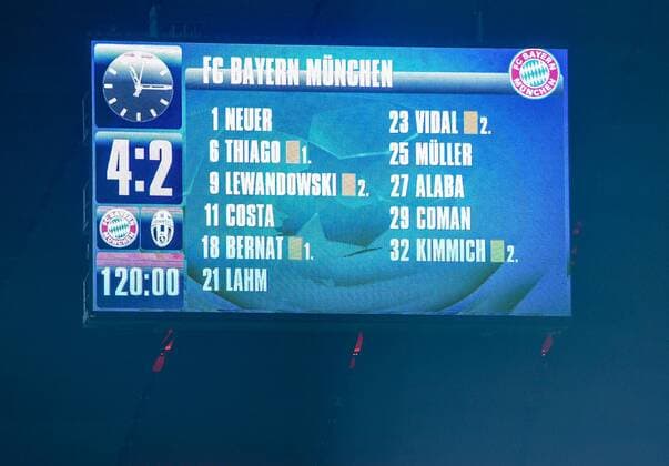 FUSSBALL CHAMPIONS LEAGUE SAISON 2015 2016 ACHTELFINALE RUECKSPIEL FC Bayern Muenchen - Juventus Turin 16.03.2016 Anzeigentafel mit dem Endergebniss 