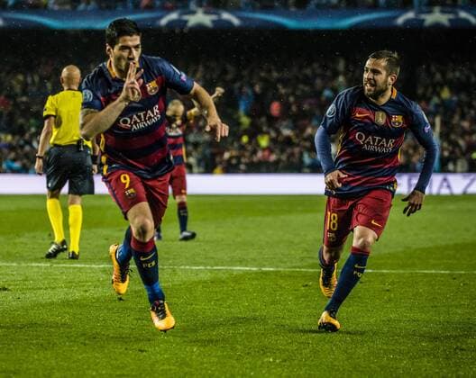 March 16, 2016 - Barcelona, Catalonia, Spain - FC Barcelona Barca forward SUAREZ celebrates his goal with FC Barcelona left back JORDI ALBA during the Champions League last sixteen second leg between FC Barcelona and Arsenal FC at the Camp Nou stadium in Barcelona FC Barcelona seals progression to CL quarter-finals - ZUMAo105