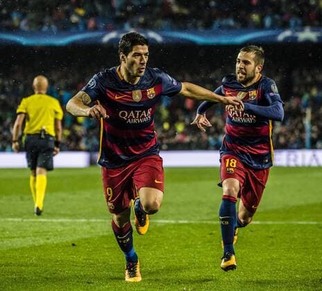March 16, 2016 - Barcelona, Catalonia, Spain - FC Barcelona Barca forward SUAREZ celebrates his goal with FC Barcelona left back JORDI ALBA during the Champions League last sixteen second leg between FC Barcelona and Arsenal FC at the Camp Nou stadium in Barcelona FC Barcelona seals progression to CL quarter-finals - ZUMAo105