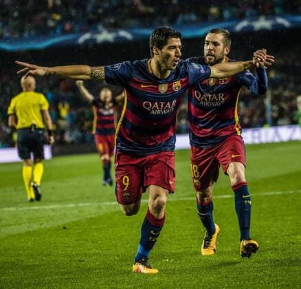 March 16, 2016 - Barcelona, Catalonia, Spain - FC Barcelona Barca forward SUAREZ celebrates his goal with FC Barcelona left back JORDI ALBA during the Champions League last sixteen second leg between FC Barcelona and Arsenal FC at the Camp Nou stadium in Barcelona FC Barcelona seals progression to CL quarter-finals - ZUMAo105