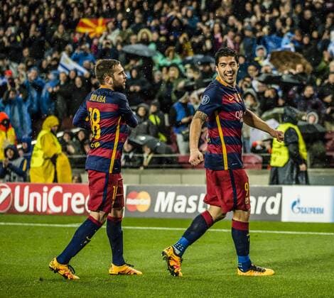 March 16, 2016 - Barcelona, Catalonia, Spain - FC Barcelona Barca forward SUAREZ celebrates his goal with FC Barcelona left back JORDI ALBA during the Champions League last sixteen second leg between FC Barcelona and Arsenal FC at the Camp Nou stadium in Barcelona FC Barcelona seals progression to CL quarter-finals - ZUMAo105