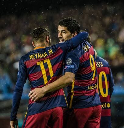March 16, 2016 - Barcelona, Catalonia, Spain - FC Barcelona Barca forward SUAREZ celebrates his goal with NEYMAR JR. and MESSI during the Champions League last sixteen second leg between FC Barcelona and Arsenal FC at the Camp Nou stadium in Barcelona FC Barcelona seals progression to CL quarter-finals - ZUMAo105