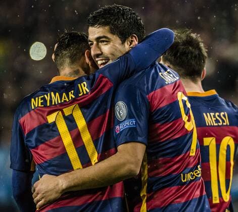 March 16, 2016 - Barcelona, Catalonia, Spain - FC Barcelona Barca forward SUAREZ celebrates his goal with NEYMAR JR. and MESSI during the Champions League last sixteen second leg between FC Barcelona and Arsenal FC at the Camp Nou stadium in Barcelona FC Barcelona seals progression to CL quarter-finals - ZUMAo105