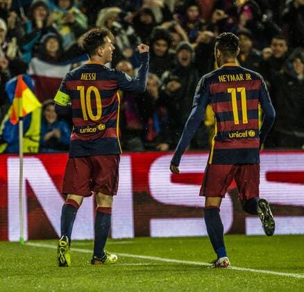 March 16, 2016 - Barcelona, Catalonia, Spain - FC Barcelona Barca forward MESSI celebrates his goal with NEYMAR JR. during the Champions League last sixteen second leg between FC Barcelona and Arsenal FC at the Camp Nou stadium in Barcelona FC Barcelona seals progression to CL quarter-finals - ZUMAo105