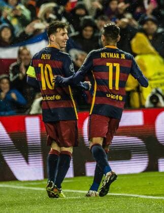 March 16, 2016 - Barcelona, Catalonia, Spain - FC Barcelona Barca forward MESSI celebrates his goal with NEYMAR JR. during the Champions League last sixteen second leg between FC Barcelona and Arsenal FC at the Camp Nou stadium in Barcelona FC Barcelona seals progression to CL quarter-finals - ZUMAo105