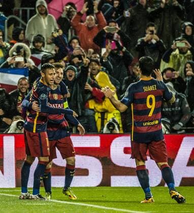 March 16, 2016 - Barcelona, Catalonia, Spain - FC Barcelona Barca forward MESSI celebrates his goal with NEYMAR JR. and SUAREZ during the Champions League last sixteen second leg between FC Barcelona and Arsenal FC at the Camp Nou stadium in Barcelona FC Barcelona seals progression to CL quarter-finals - ZUMAo105
