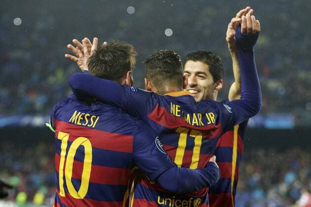 (L-R) Lionel Messi of FC Barcelona Barca Neymar of FC Barcelona, Luis Suarez of FC Barcelona during the UEFA Champions League round of 16 match between FC Barcelona and Arsenal on March 16, 2015 at the CampNou stadium in Barcelona, Spain. FC Barcelona v Arsenal UEFA Champions League 2015 2016 xVIxxIVx 5168622