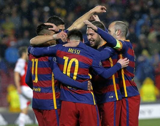 Neymar. Second leg match played between FC Barcelona and Arsenal London. In this picture, Neymar celebrates a goal with teammates. xFRANCESCxADELANTADOx 