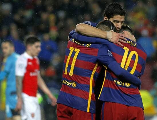 Neymar. Second leg match played between FC Barcelona and Arsenal London. In this picture, Neymar celebrates a goal with teammates. xFRANCESCxADELANTADOx 