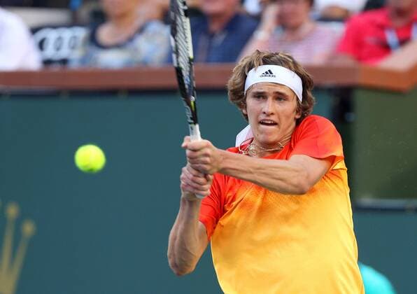 March 16, 2016: Alexander Zverev of Germany returns a shot against Rafael Nadal of Spain during the 2016 BNP Paribas Open at Indian Wells Tennis Garden in Indian Wells, California. TENNIS 2016: BNP Paribas Open MAR 16 - ZUMAcb8_