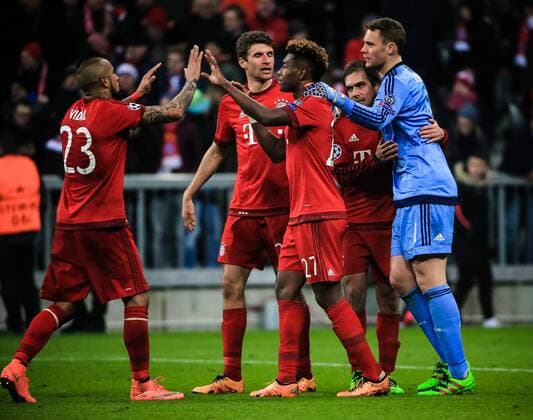 (160317) -- MUNICH, March 16, 2016 -- Bayern Munich s Kingsley Coman (C) celebrates a goal with teammates during the round of 16 second leg match of UEFA Champions League between Bayern Munich and Juventus in Munich, Germany, on March 16, 2016. Bayern Munich won the match by 4-2 and advanced to the quarterfinal with a 6-4 aggregate victory. ) (SP)GERMANY-MUNICH-UEFA CHAMPIONS LEAGUE-ROUND OF 16 SECOND LEG-BAYERN MUNICH VS JUVENTUS PhilippexRuiz 