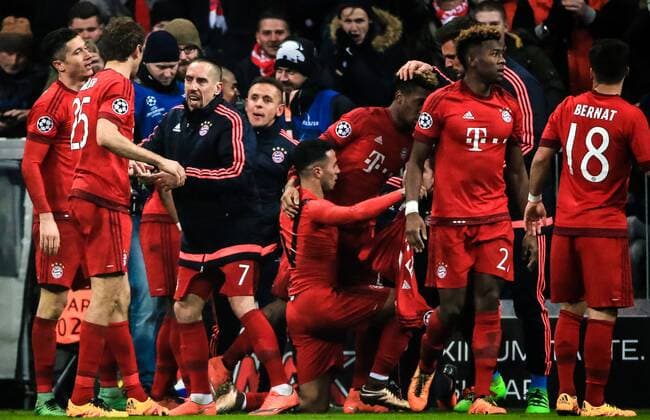 (160317) -- MUNICH, March 16, 2016 -- Bayern Munich s players celebrate a goal during the round of 16 second leg match of UEFA Champions League between Bayern Munich and Juventus in Munich, Germany, on March 16, 2016. Bayern Munich won the match by 4-2 and advanced to the quarterfinal with a 6-4 aggregate victory. ) (SP)GERMANY-MUNICH-UEFA CHAMPIONS LEAGUE-ROUND OF 16 SECOND LEG-BAYERN MUNICH VS JUVENTUS PhilippexRuiz 