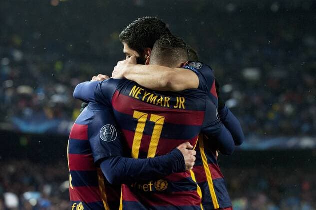 (160317) -- BARCELONA, March 16, 2016 -- FC Barcelona Barca s Lionel Messi (L), Luis Suarez (R) and Neymar celebrate after scoring during the UEFA Champions League round of 16, second leg match between FC Barcelona and Arsenal at the Camp Nou stadium in Barcelona, Spain, March 16, 2016. Barcelona won 3-1. ) (SP)SPAIN-BARCELONA-UEFA CHAMPIONS LEAGUE LinoxDexVallier 