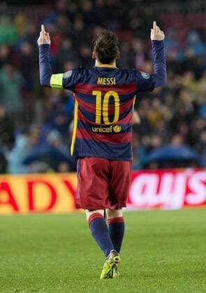 (160317) -- BARCELONA, March 16, 2016 -- FC Barcelona Barca s Lionel Messi gestures after scoring during the UEFA Champions League round of 16, second leg match between FC Barcelona and Arsenal at the Camp Nou stadium in Barcelona, Spain, March 16, 2016. Barcelona won 3-1. ) (SP)SPAIN-BARCELONA-UEFA CHAMPIONS LEAGUE LinoxDexVallier 