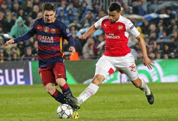 March 16, 2016 - Barcelona, Catalonia, Spain - BARCELONA -march 16- SPAIN: Leo Messi and Francis Coquelin during the match between FC Barcelona Barca and Arsenal FC, corresponding to the second legh of the 1 8 final of the Champions League, played at the Camp Nou Stadium, on march 16, 2016. Uefa Champions League Round of 16: Barcelona vs Arsenal  - ZUMAn230