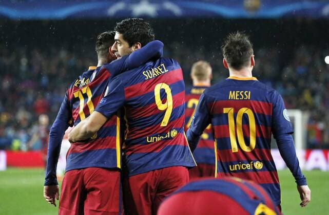 March 16, 2016 - Barcelona, Catalonia, Spain - BARCELONA -march 16- SPAIN: Luis Suarez, Neymar Jr. and Leo Messi celebration during the match between FC Barcelona Barca and Arsenal FC, corresponding to the second legh of the 1 8 final of the Champions League, played at the Camp Nou Stadium, on march 16, 2016. Uefa Champions League Round of 16: Barcelona vs Arsenal  - ZUMAn230