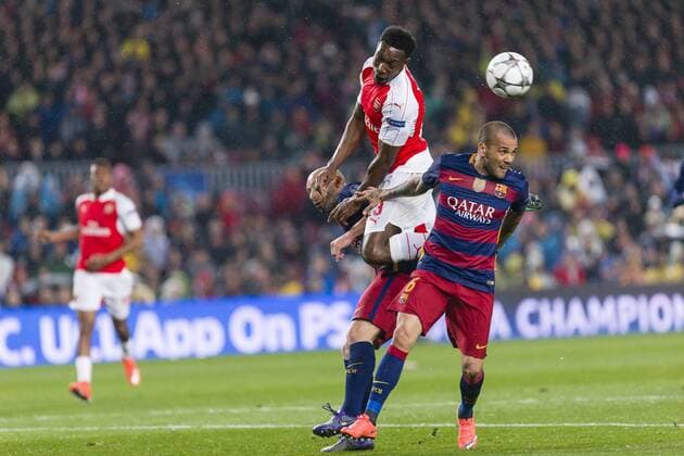 SPAIN - 16th Mar: Danny Welbeck, Javier Alejandro Mascherano and Dani Alves during the UEFA Champions League round of 16, second Leg match between FC Barcelona Barca - Arsenal FC, played at Camp Nou Stadium on 16th Mar 2016 in Barcelona, Spain. (Credit: Mikel Trigueros Urbanandsport Cordon Press)  xMikelxTriguerosx xSPAINx-xFCxBarcelonax-xArsenalxFCx-xChampionsxLeaguex-x2015 16x